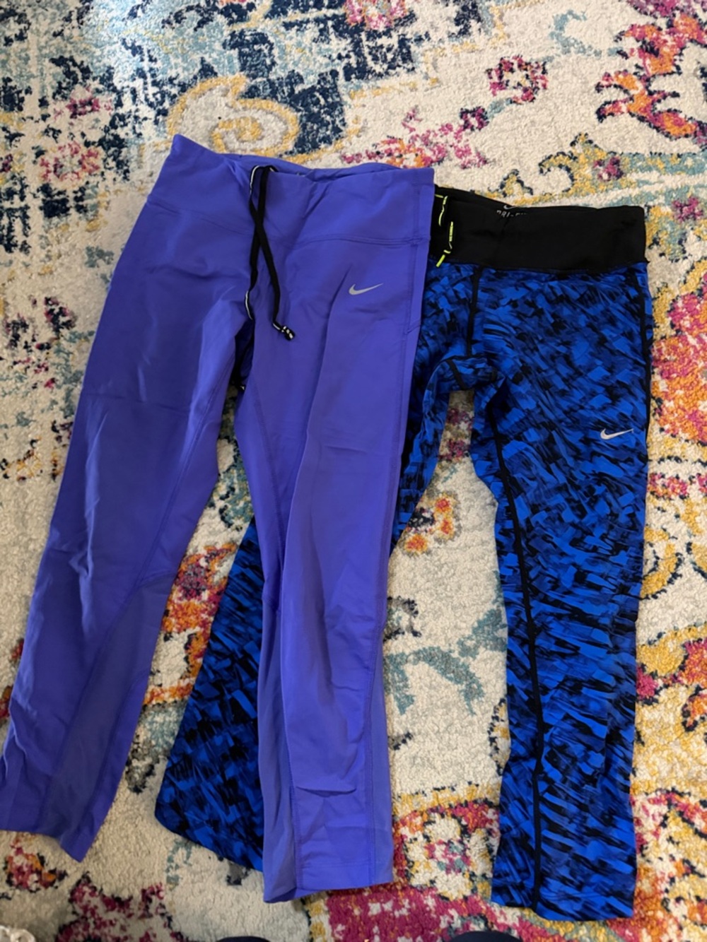 Nike Purple Leggings and Blue Patterned Athletic Tights (set of 2)